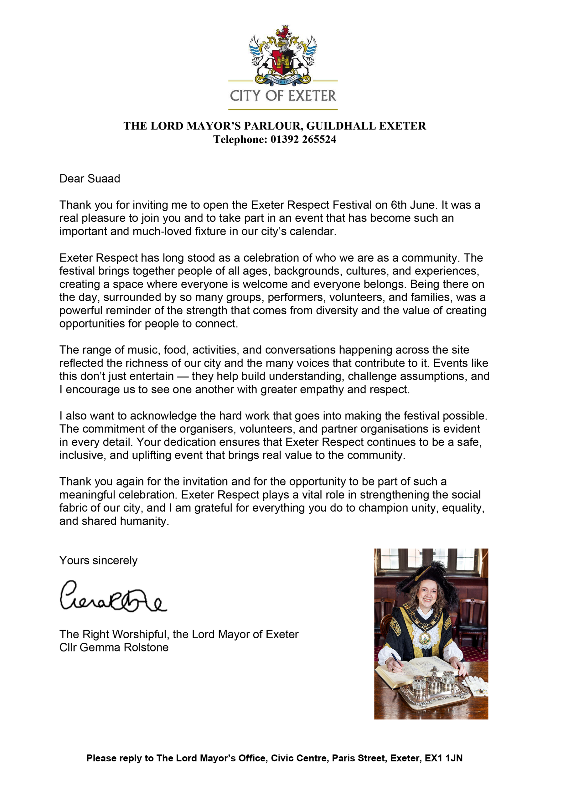 Lord Mayor of Exeter letter to Respect Festival